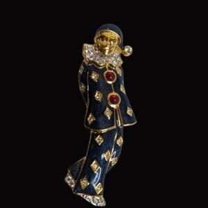 RARE Vintage Carucci Pierrot Harlequin Clown Brooch – Enamel & Rhinestones, 2.5”
